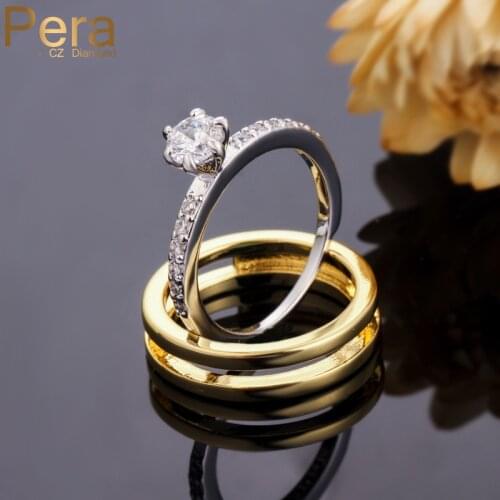Pera Fashion Female AAA Cubic Zirconia Small Round Ring Set White and Yellow Gold Filled Engagement Rings Jewelry for Women R110