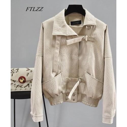 FTLZZ Faux Soft Leather Loose Jackets Women Batwing Sleeve Faux Pu Biker Overcoat Female Turndown Collar Street Black Outerwear