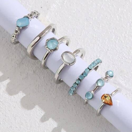 Trendy 8 Pcs Colorful Stone Hit Ring Set for Women Vintage Korean Gold Silver Color Geometric Rings Female Party Wedding Jewelry