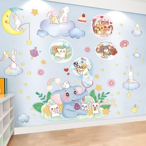 Cartoon Animals Wall Stickers Elephant Wall Decals for Kids Room Decoration Baby Childrens Eco-Friendly PVC Wallpaper