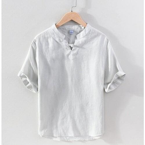 100% Linen Pullover Shirt for Men Summer New Short Sleeve Tops Male Solid White Mandarin Collar Casual Daily Clothing