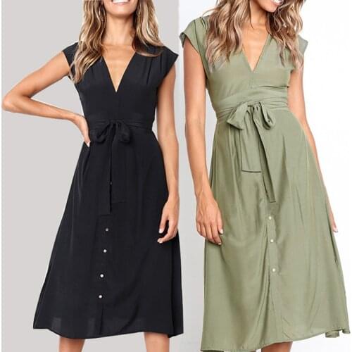 Summer Spring Sexy V-Neck Button Striped Dress 2021 Women Casual Knee-Length Sleeveless Lace Up Bow A-Line Midi Dresses Vestidos