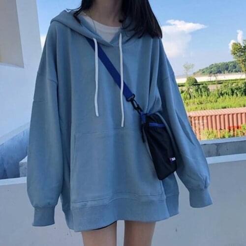 Solid Color Student Girl Loose Drawstring Sweatshirt Long Sleeve Harajuku Autumn Hoodie With Pocket Tumblr Moletom Rz