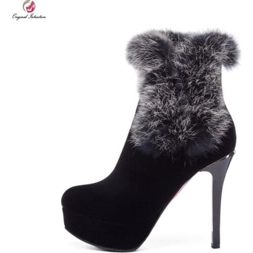 Original Intention Real Fur Black Ankle Boots Woman Platform Stiletto High Heels Winter Warm Shoes Female Popular Fashion Boots