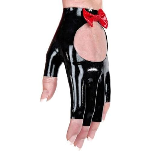 Sexy Black Fingerless Latex Gloves Rubber Mittens with Bow-knot BLA051