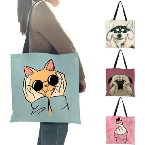 Blue Pink Color Tote Bag Pug Husky Chubby Face Print Shoulder Bag Practical Linen Durable Shopping Travel Easy Carry Package