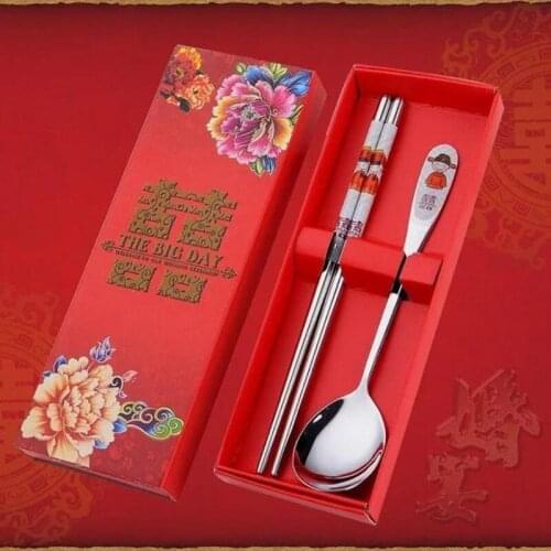 Wedding Party Gifts Double Happiness Red Color Stainless Steel Dinnerware Spoons Chopstick Sets LX8288