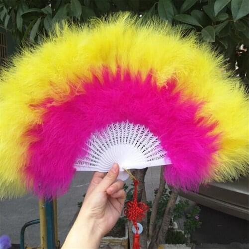 Yellow and rose Chinese Style Feather Fan For Dance Props Wedding Party Gift Hand Held Fan Folding Fan 50X30 cm