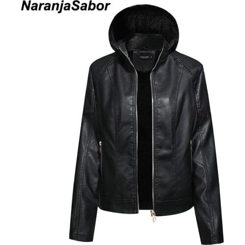 NaranjaSabor New Faux Leather Jacket Women Hooded Winter Autumn Womens Motorcycle Jacket Fleece Casual Slim Female Coat NQ009