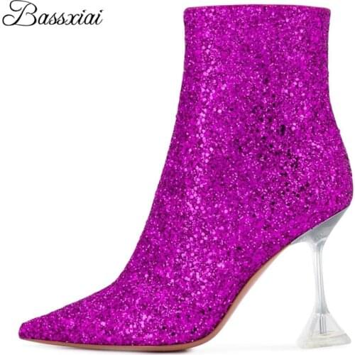 Bling Sequins Fashion Runway Boots Women Clear Crystal Goblet Heel Point Toe Side Zip Autumn Winter Short Booties