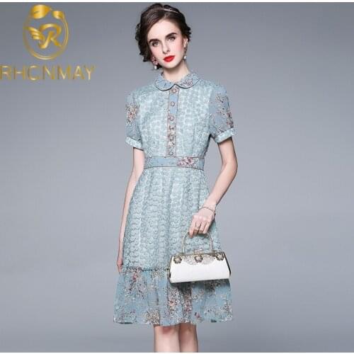 Women Mermaid Dress New Summer Fashion Female Puff Sleeve Vintage Lace Patchwork Floral Print Peter Pan Collar Boho Dress Casual