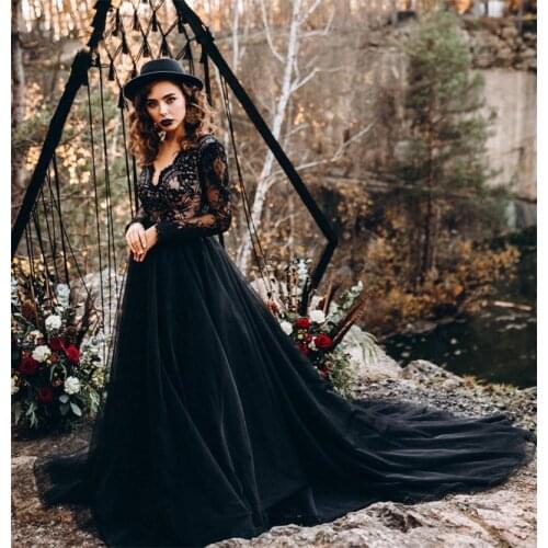 Vintage Black Wedding Dress Lace Long Sleeve Open Back A Line Gothic Bridal Gowns Court Train 2021 Deep V Neck Vestidos De Novia