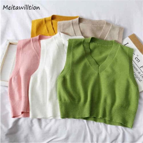 Autumn Women Knitted Sweater 2020 Casual Solid V-Neck Sleeveless Jumpers Vest Female Korean Loose Office Waistcoat