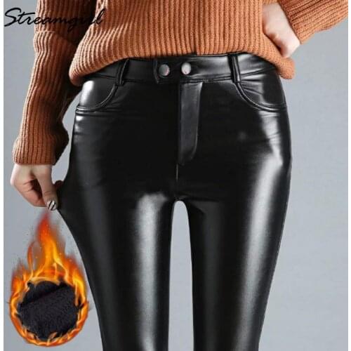 Winter Faux Leather Pants Women Black PU Warm Trousers Thick Waterproof Velvet Pant Female Fleece PU Leather Pants For Women