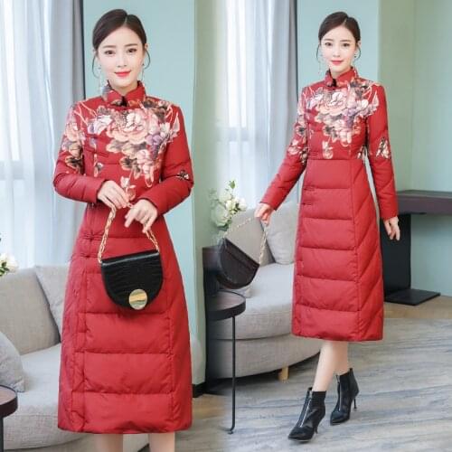 2020 Winter Chinese Style Vintage Red Floral High Quality Parkas Women Fashion Jackets Winter Warm Clothing Casual Long Coats