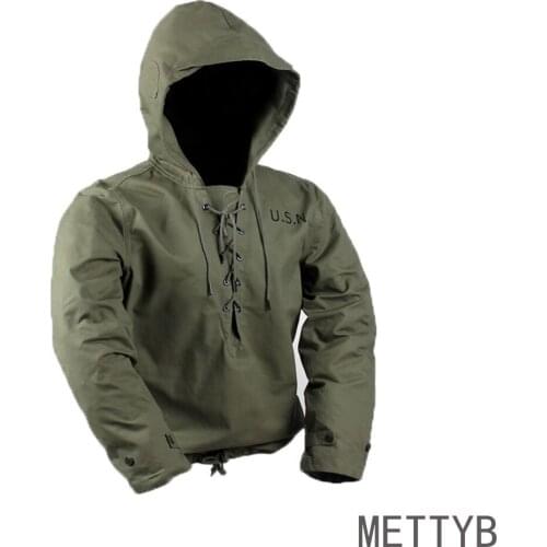 American USN Wet Weather Parka Deck Jacket WW2 US Army Retro Motorcycle Jacket Cotton Army Green