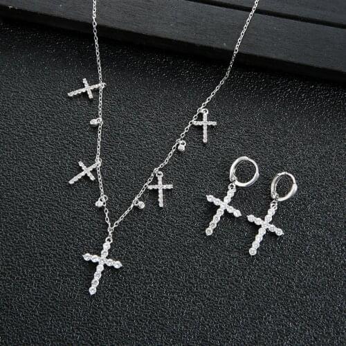Elegant Fashion 5Piece Cross Charms Tennis Necklace Earring Set For Women Wedding Cubic Zircon Dubai Pendant Jewelry Set N0467