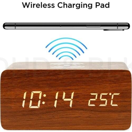 Electric LED alarm clock with phone wireless charger Wooden Creative w/ Qi Wireless Phone Charging digital thermometer clock