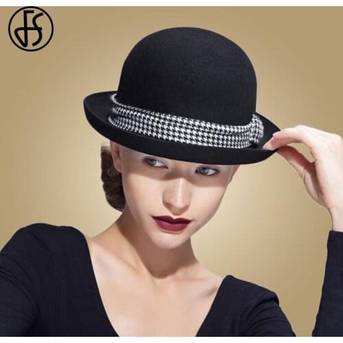 FS Black Red Wool Wide Brim Fedora Hat Women Black Bow Ribbon Felt Cloche Hat Chapeau Feminino Party Church Derby Top Hats