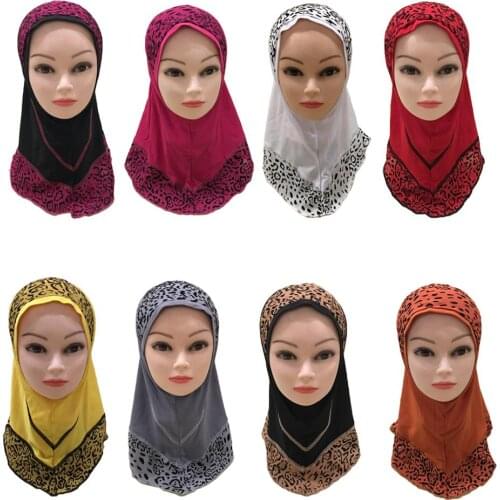Kid Girls Hijab Muslim Leopard Printed Headscarf Scarf One Piece Amira Islamic Arab Wrap Turban Prayer Hat Full Cover Ramadan