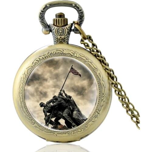 Classic American Veteran Pattern Glass Cabochon Vintage Quartz Pocket Watch Men Women Pendant Necklace Hours Clock