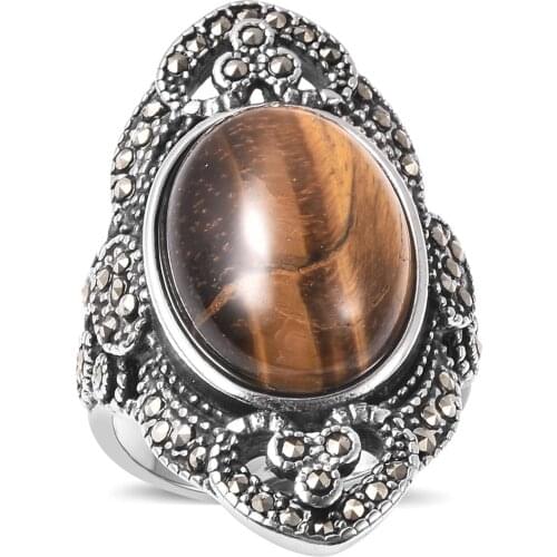 Stainless Steel Yellow Tiger Eye Marcasite Statement Ring Jewelry Gift Ct 14