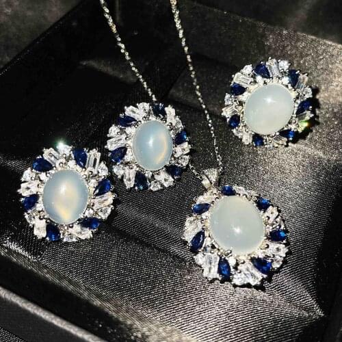 Women Vintage Jewelry Set 925 Silver Moonstone Gemstone Zircon Stud Earring Ring Necklace Wedding Jewelry Sets for Women