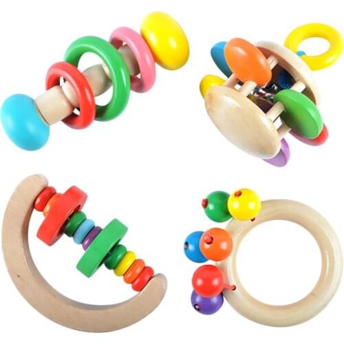 4 Pcs Newborn Hand Bell Musical Educational Wood Rattles Baby Bed Rattles Toy Handbell Toddlers Rattles toys for infant
