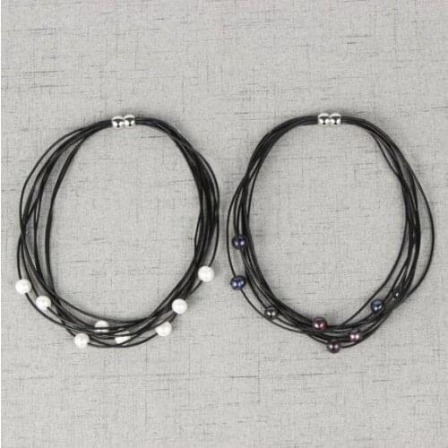 Leather Pearl Jewelry,Multistrand Leather And Pearl Choker Delicate Wedding Necklace White Pearl Necklace Black Leather