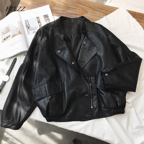 FTLZZ Women Short Pu Leather Punk Jacket Slim Zipper Faux Leather Coats Female Single Breasted Motorcycle Leather Outerwear