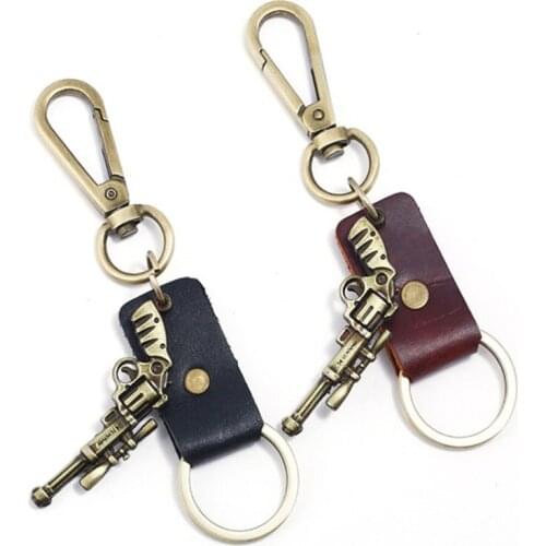 Fashion Men Revolver Bronze Pistol Weapon Keychain Leather Key Rings Newest Gun key Chain For Women Charm Jewelry Surprise Gifts