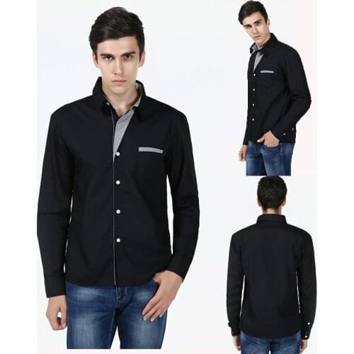 Mens Long Sleeve Standard-fit Solid Basic Dress Shirt Single Patch Pocket Formal Business Work Button-up Striped/plaid Shirts