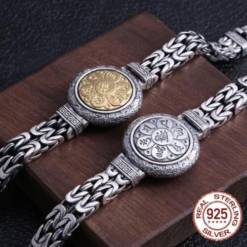 Men Bracelet 100% 925 Sterling Silver 360 Rapid Rotating Six Words Sutra Buddhistic Bracelet For Men Fine Jewelry Two Style