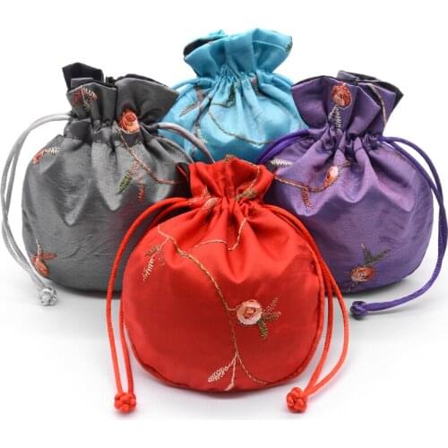 4.3X5.1inch High Quality Embroidery Small Satin Pouches Drawstring Candy Gift Bag Jewelry Packaging Wedding Party Favor
