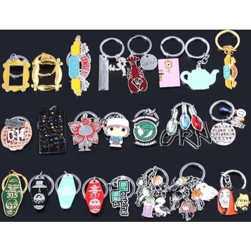 SG New Hot TV Show Keychains Friends Coraline Stranger Things La Casa De Papel Hotel Room Keyring Pendant Men Lady Jewelry Gift