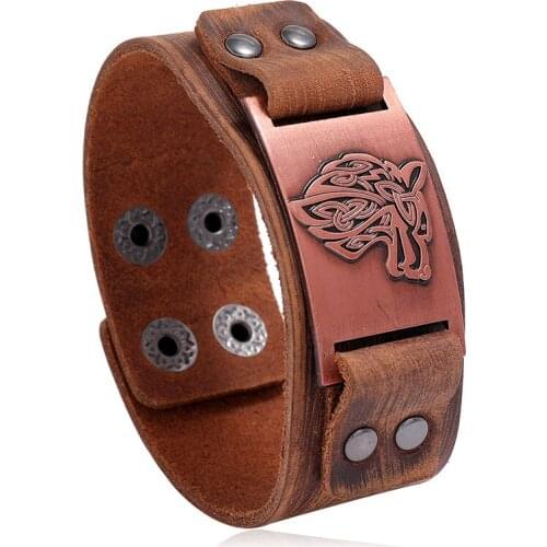 Jessingshow New Viking Vegvisir Wolf Head Alloy Men Cowhide Bangle Nordic Runes Men Jewelry Odin Symbol Leather Bracelets Gift