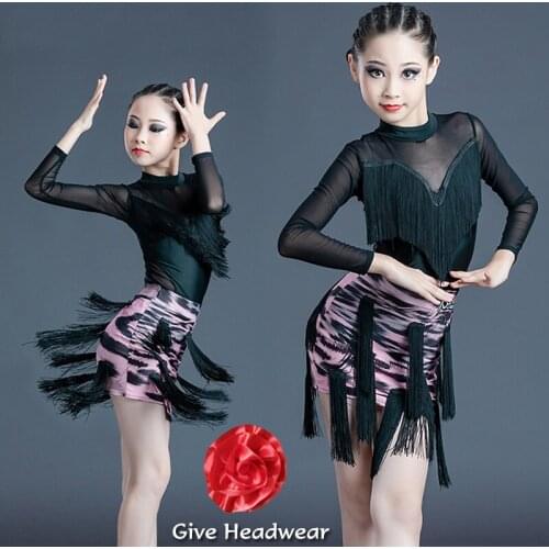 Latin Dance Dress For Girls Black Fringe Tops Skirt Leopard Suit Samba Rumba Cha Cha Performance Clothes Practice Wear BL4911