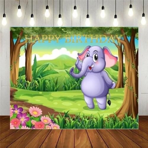 Photo Studio Props Vinyl Photography Backdrop For Kids Birthday Party Cartoon Happy Purple Elephant In The Forest Background