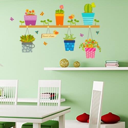 Handpainted Flower Pots Wall Sticker For Dinning Room Home Decoration Background Pvc Plane Plants Mural Door Diy Wallpaper Top