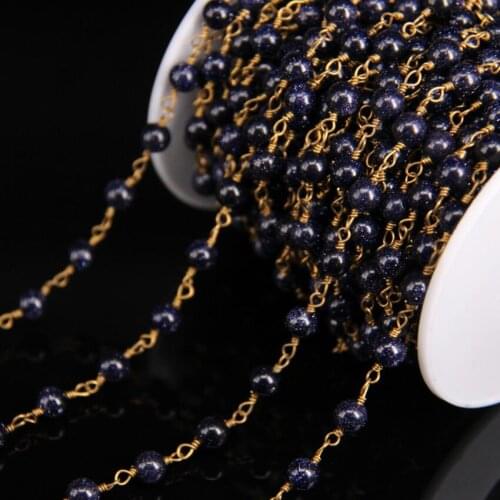Blue Goldstone Round bead Rosary Chain,6mm Size Stone bead Link Brass Wire Wrapped Chain,Fashion Necklace Bracelet Jewelry