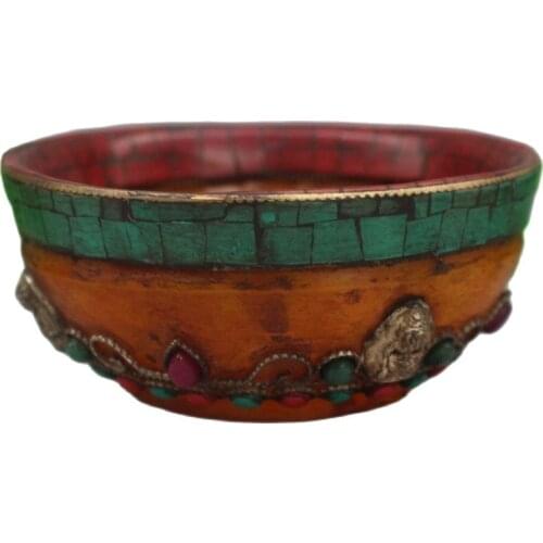 Antique amber inlaid with natural green turquoise coral Tibetan Buddhist bowl collection craft gift