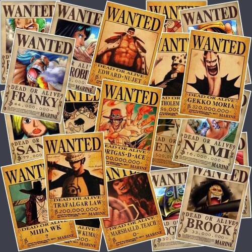 Stickers 25 Pieces One Piece Wanted Retro Poster Stickers Anime One Piece Staw Hat Crew Luffy Law Mini Wanted Waterproof Sticker