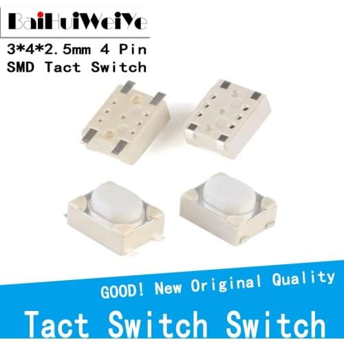 50PCS/LOT 3*4*2.5mm SMD Tact Switch 4 Pin Touch Micro Switch Push Button Switches 3x4x2.5H White Button Car Remote Key Button
