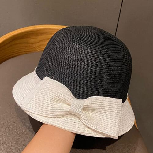 Japanese Stitching Black White Paper Straw Hat Female Summer Bucket Anti-UV Elegant Bowknot Basin Fedora Sun Hat Bape Quality