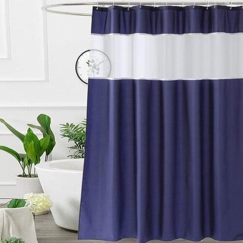 UFRIDAY Modern Navy Blue and White Shower Curtain with Light Filtering Mesh Window Washable Waterproof Fabric Bathroom Curtain