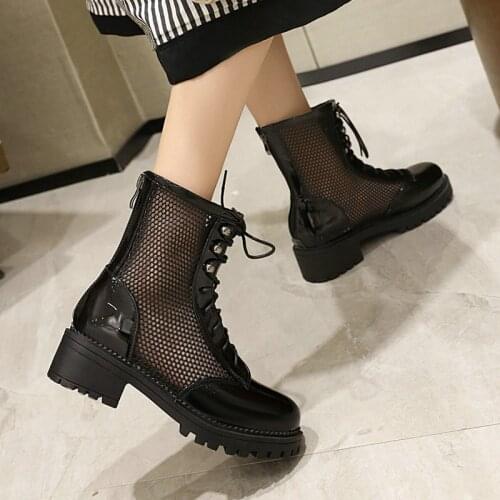 2021 New Summer Breathable Mesh Boots Women Platform Thick High Heel Ankle Boots Fashion Zipper Cross Tied Spring Autumn Shoes