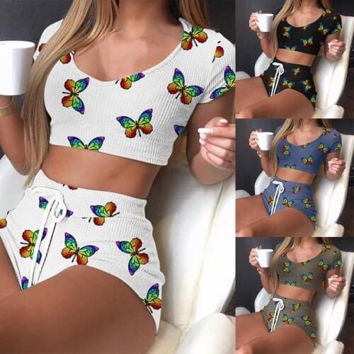 WomenS Casual 2-Piece Printed Short-Sleeved Top and Shorts Sportswear Suit