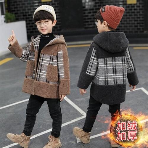 Winter Boys Coat Baby Fur Collar Hooded Cotton Plus Velvet Thicken Warm plaid Jacket For Childrens Outwear Kids Clothes
