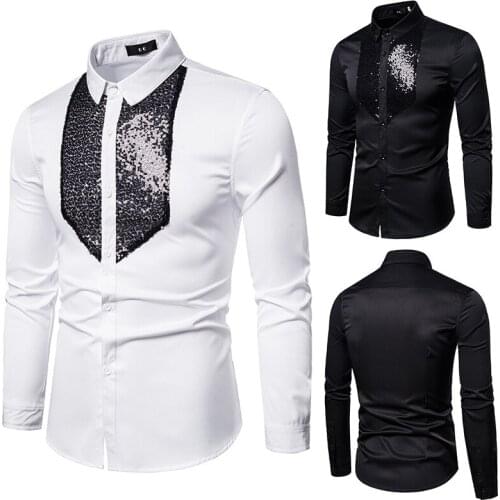 White Black Tuxedo Shirt Men Sequins Patch Solid Long Sleeve Dress Slim Fit Shirts Stage Wedding Prom Gentleman Blouse Male