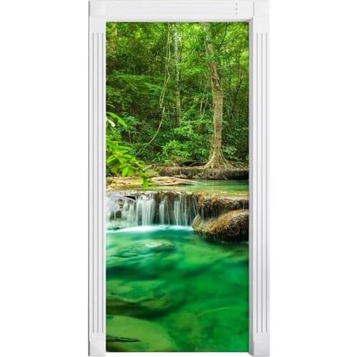 Free Shipping self adhesive Door Sticker Green Watefall Photo Wallpaper mural Wall Print Decal Wall Deco Wall Mural Photo